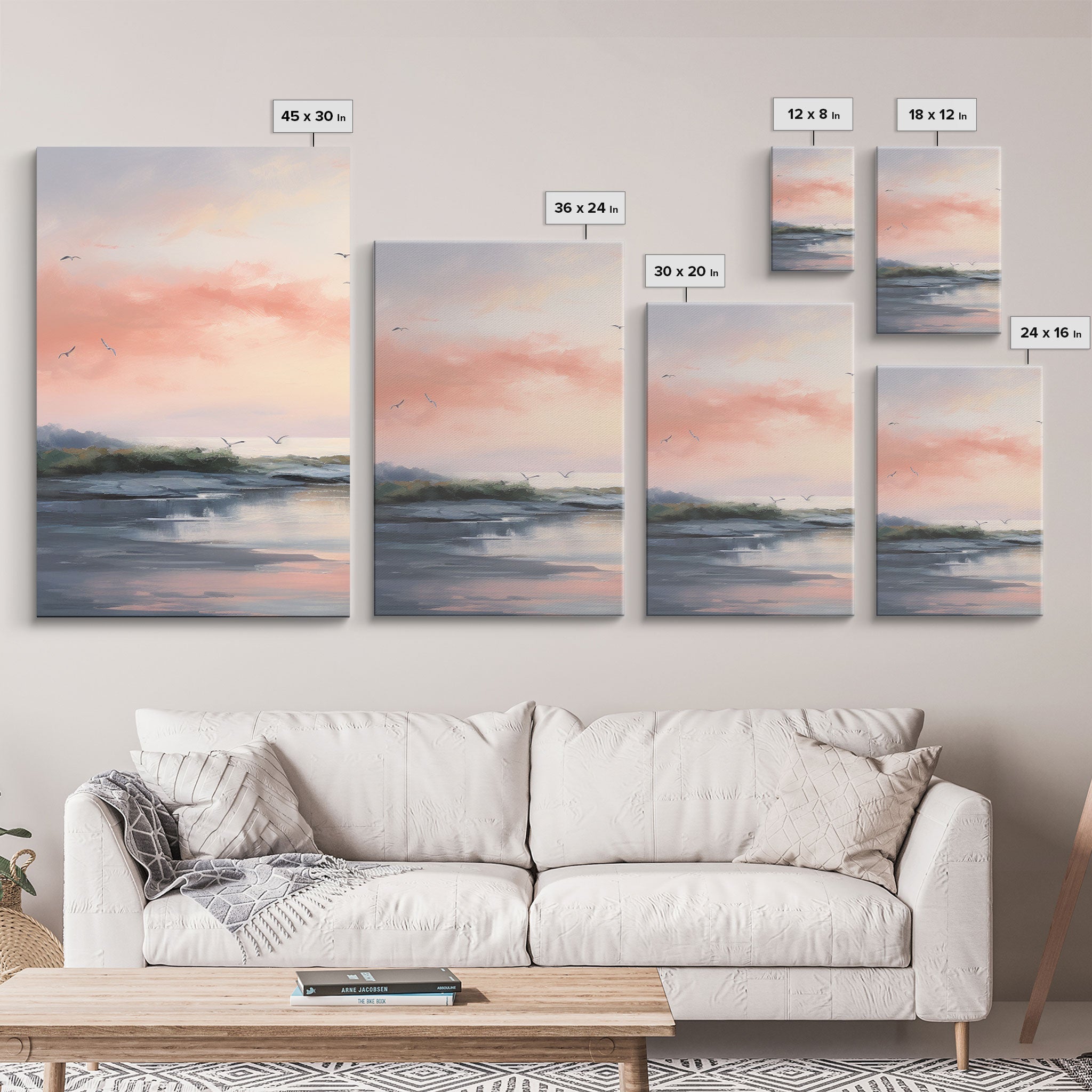 Pink Abstract Coastal Painting Canvas Print Wall Art Vintage Beach Print Girly Apartment Decor Seascape Print, 3 Piece Wall Art, Boho Decor