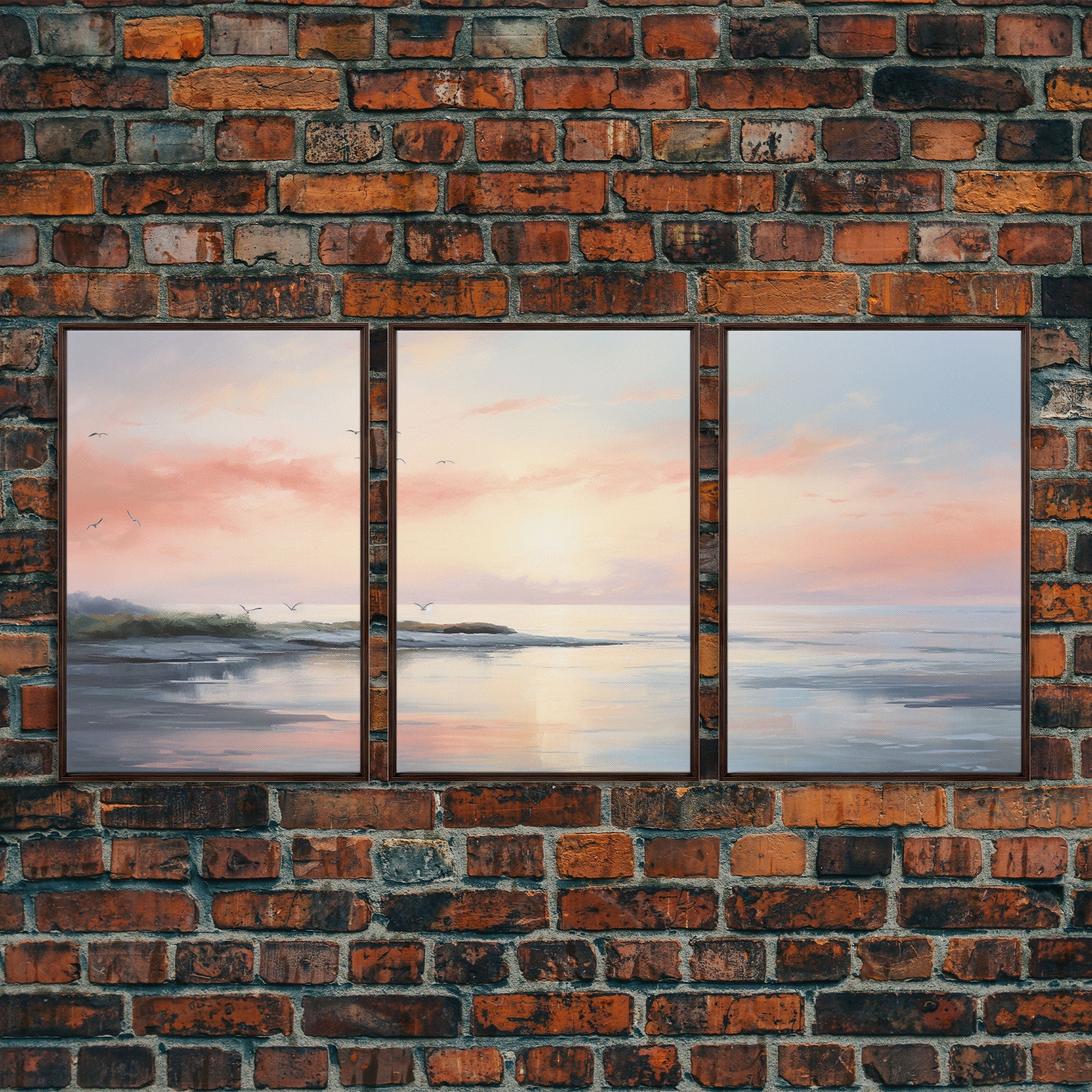 Pink Abstract Coastal Painting Canvas Print Wall Art Vintage Beach Print Girly Apartment Decor Seascape Print, 3 Piece Wall Art, Boho Decor